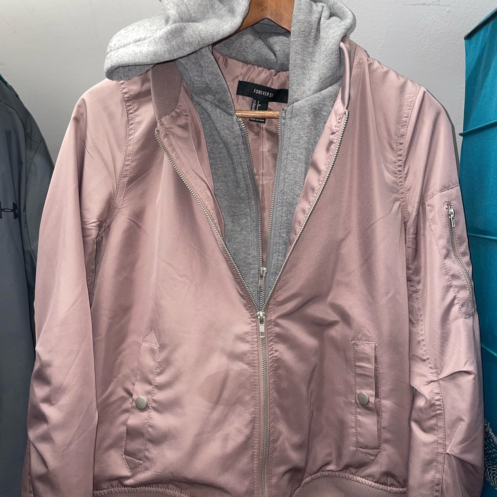 Forever 21 Mauve Bomber Jacket with Gray Hoodie